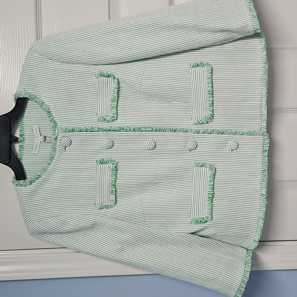 Preston & York Judith Boucle Tweed Round Neck Jacket:Green/White Stripe:Size- 10